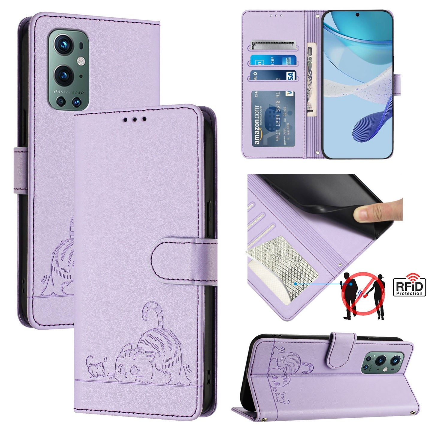 OnePlus 9 Pro Cat & Rat Embossed RFID Leather Case, Lanyard, Wallet, Card Slots, Kickstand, Anti-Fall, Scratch-Resistant