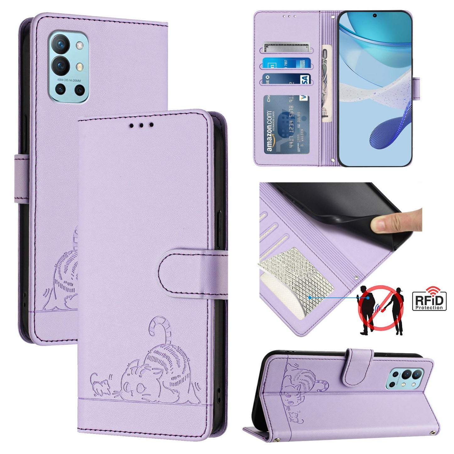 OnePlus 9R Cat & Rat Embossed RFID Leather Case, Lanyard, Wallet, Card Slots, Kickstand, Anti-Fall, Scratch-Resistant
