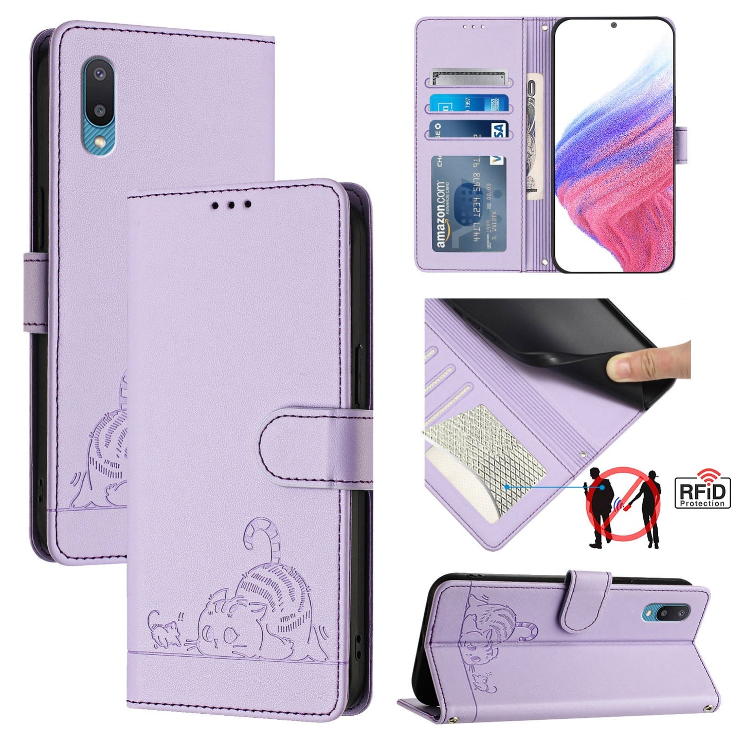 Samsung Galaxy M02 Cat & Rat Embossed RFID Leather Case, Lanyard, Wallet, Card Slots, Kickstand, Anti-Fall, Scratch-Resistant