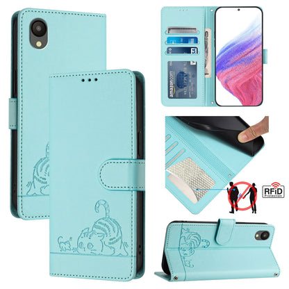 Samsung Galaxy A04 Core Cat & Rat Embossed RFID Leather Case, Lanyard, Wallet, Card Slots, Kickstand, Anti-Fall, Scratch-Resistant