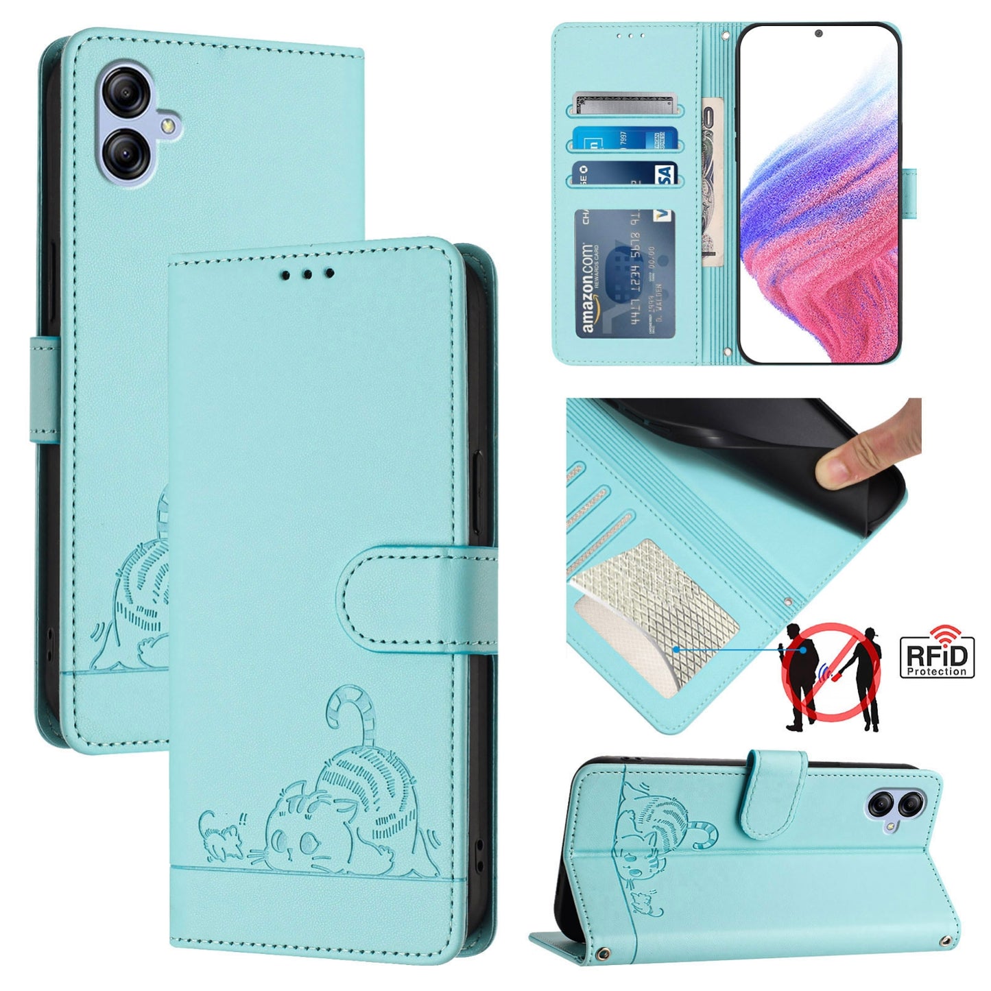 Samsung Galaxy A04e 4G Cat & Rat Embossed RFID Leather Case, Lanyard, Wallet, Card Slots, Kickstand, Anti-Fall, Scratch-Resistant
