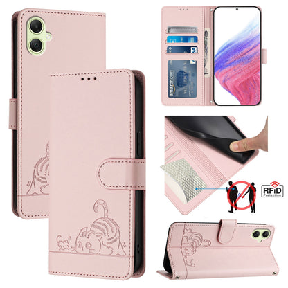Samsung Galaxy A05 4G Global Cat & Rat Embossed RFID Leather Case, Lanyard, Wallet, Card Slots, Kickstand, Anti-Fall, Scratch-Resistant