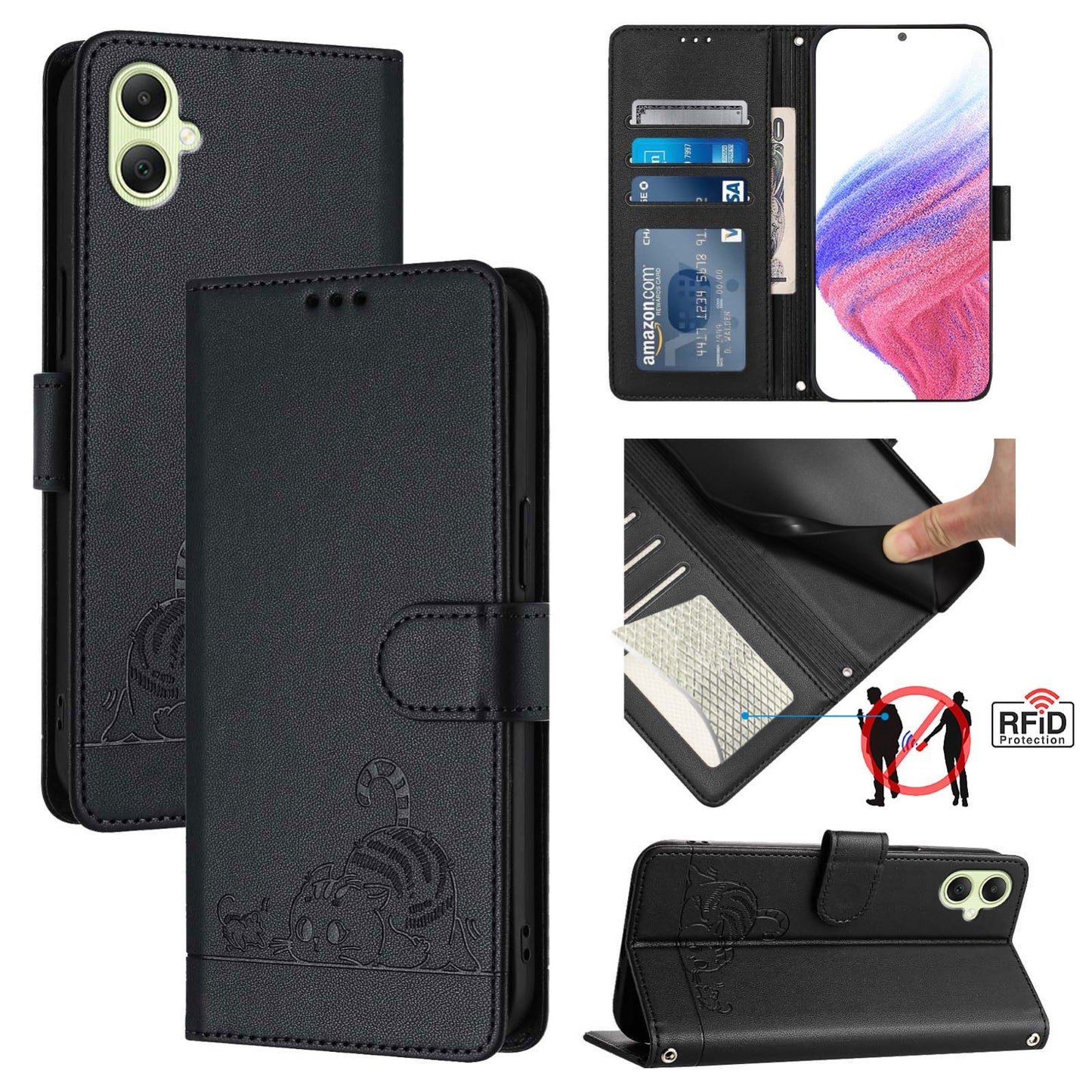 Samsung Galaxy A05 4G Global Cat & Rat Embossed RFID Leather Case, Lanyard, Wallet, Card Slots, Kickstand, Anti-Fall, Scratch-Resistant