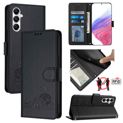 Samsung Galaxy A05s 4G Global Cat & Rat Embossed RFID Leather Case, Lanyard, Wallet, Card Slots, Kickstand, Anti-Fall, Scratch-Resistant