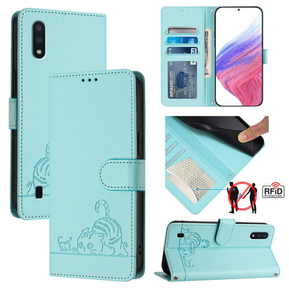 Samsung Galaxy M10 EU Version Cat & Rat Embossed RFID Leather Case, Lanyard, Wallet, Card Slots, Kickstand, Anti-Fall, Scratch-Resistant