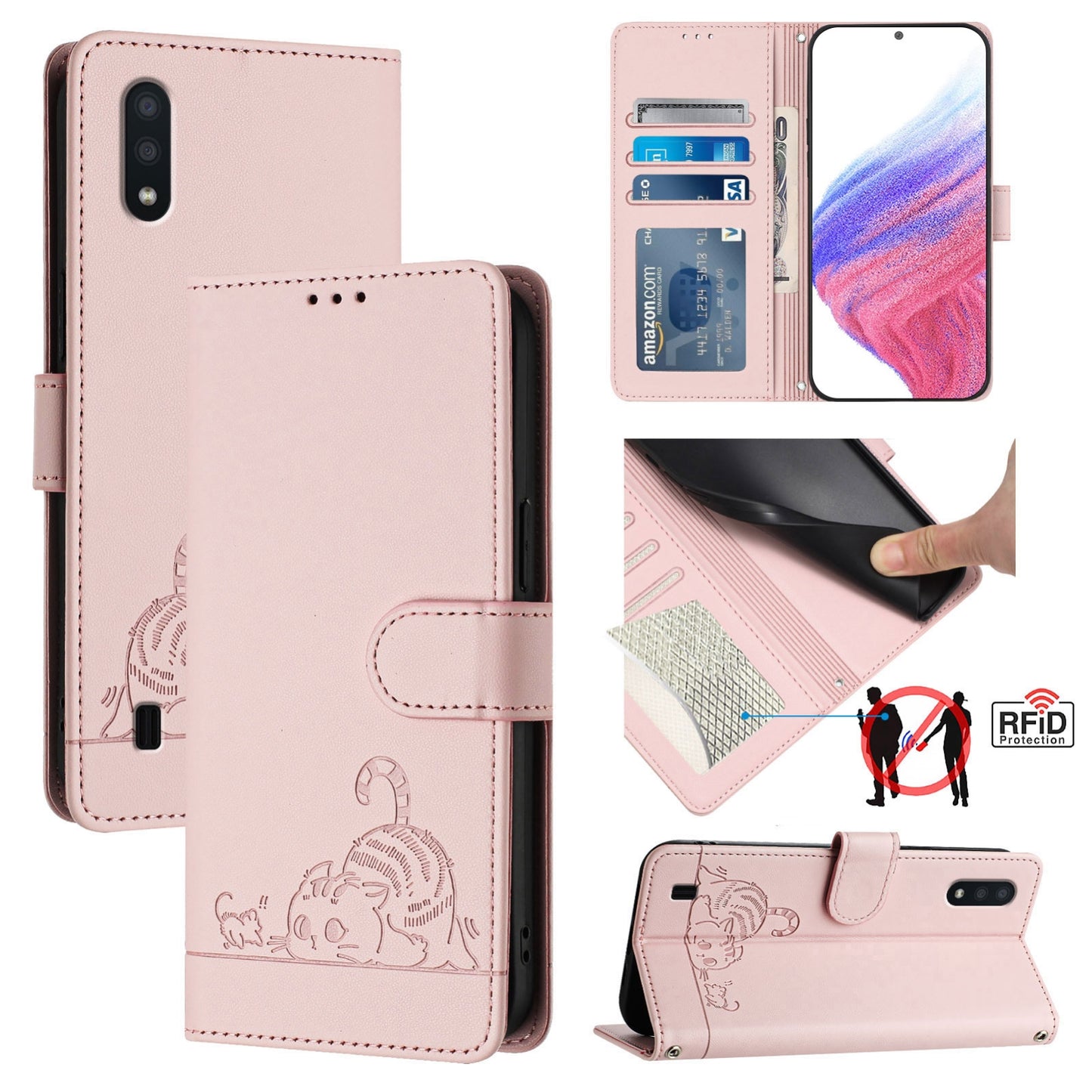 Samsung Galaxy A10 Cat & Rat Embossed RFID Leather Case, Lanyard, Wallet, Card Slots, Kickstand, Anti-Fall, Scratch-Resistant