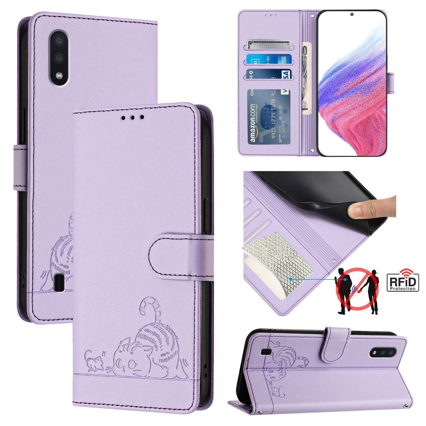 Samsung Galaxy A10 Cat & Rat Embossed RFID Leather Case, Lanyard, Wallet, Card Slots, Kickstand, Anti-Fall, Scratch-Resistant
