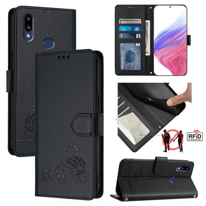 Samsung Galaxy A10s Cat & Rat Embossed RFID Leather Case, Lanyard, Wallet, Card Slots, Kickstand, Anti-Fall, Scratch-Resistant