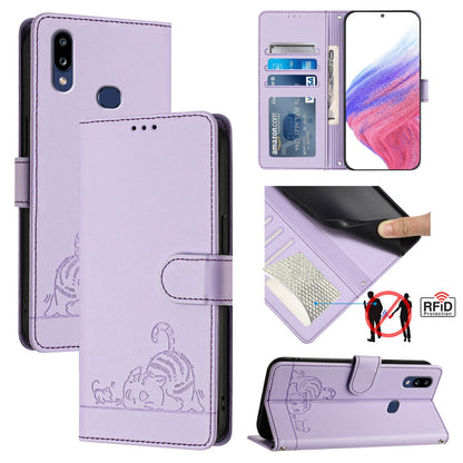 Samsung Galaxy A10s Cat & Rat Embossed RFID Leather Case, Lanyard, Wallet, Card Slots, Kickstand, Anti-Fall, Scratch-Resistant
