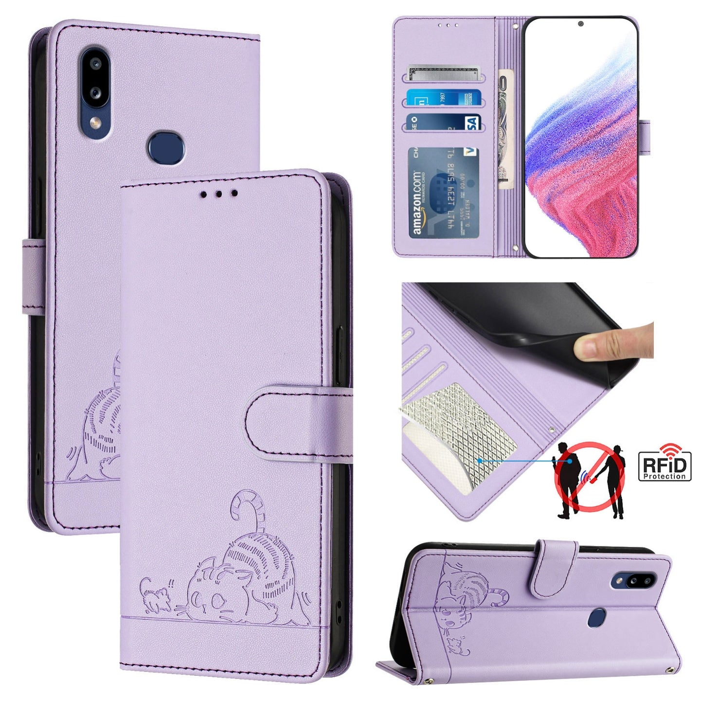 Samsung Galaxy M01s Cat & Rat Embossed RFID Leather Case, Lanyard, Wallet, Card Slots, Kickstand, Anti-Fall, Scratch-Resistant