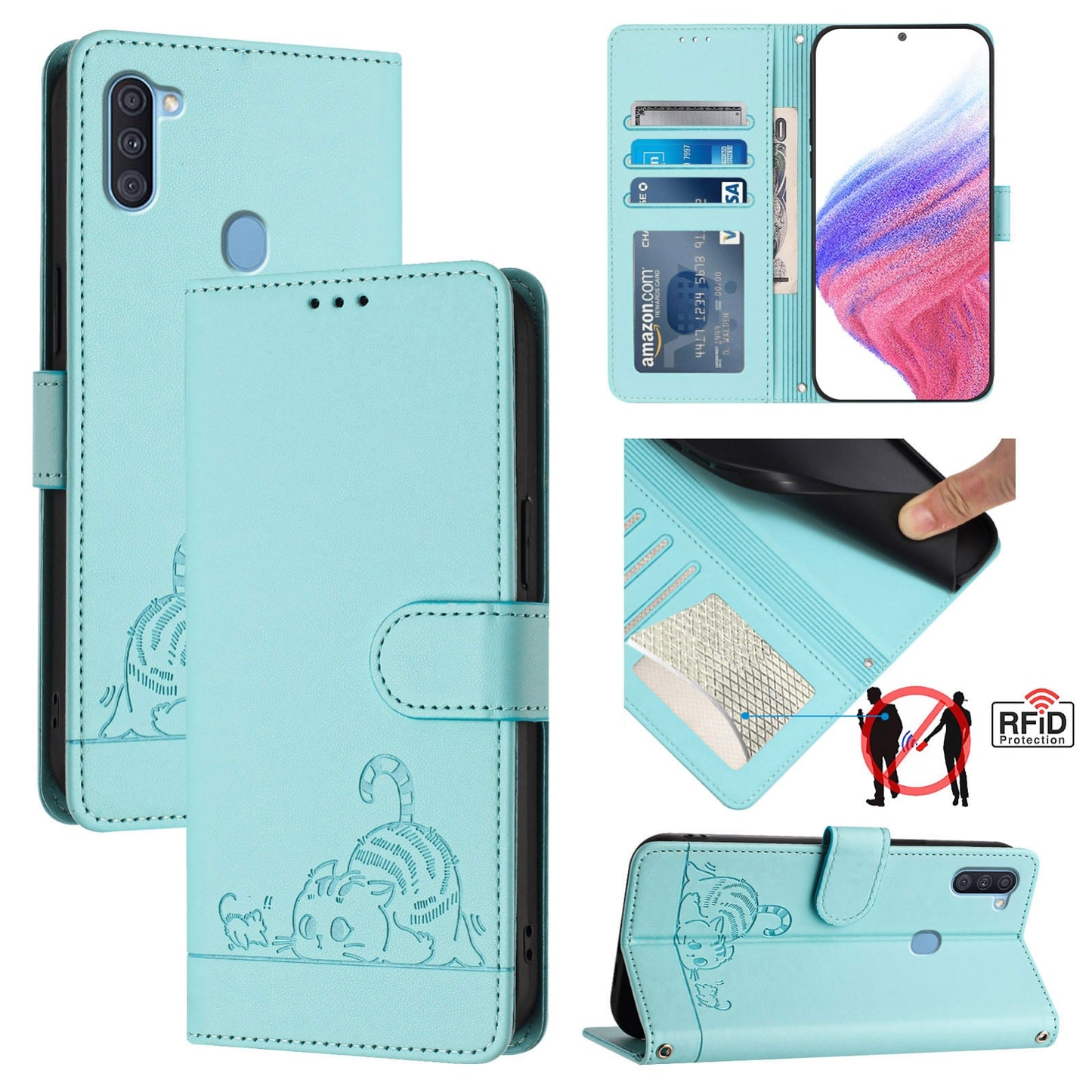 Samsung Galaxy A11 EU Version Cat & Rat Embossed RFID Leather Case, Lanyard, Wallet, Card Slots, Kickstand, Anti-Fall, Scratch-Resistant