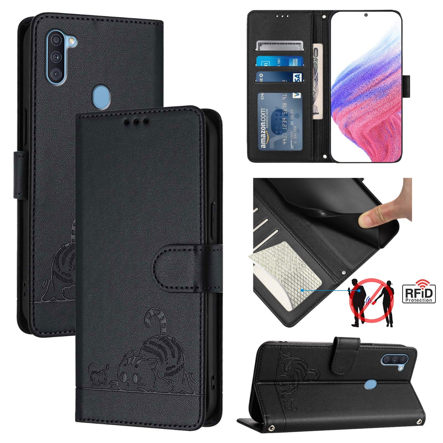 Samsung Galaxy A11 EU Version Cat & Rat Embossed RFID Leather Case, Lanyard, Wallet, Card Slots, Kickstand, Anti-Fall, Scratch-Resistant