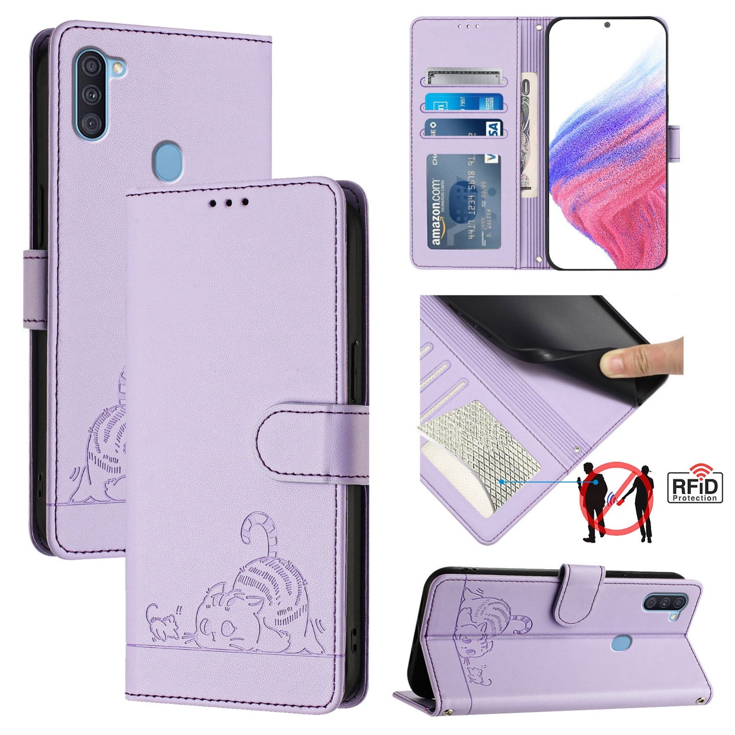 Samsung Galaxy A11 EU Version Cat & Rat Embossed RFID Leather Case, Lanyard, Wallet, Card Slots, Kickstand, Anti-Fall, Scratch-Resistant
