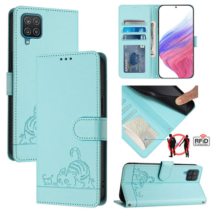 Samsung Galaxy A12 Cat & Rat Embossed RFID Leather Case, Lanyard, Wallet, Card Slots, Kickstand, Anti-Fall, Scratch-Resistant