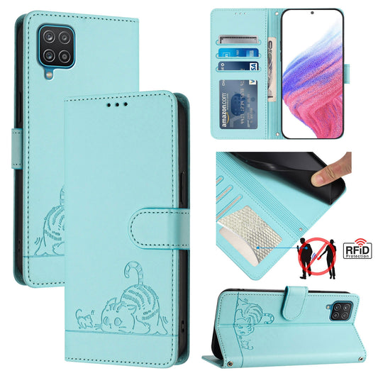 Samsung Galaxy M12 Cat & Rat Embossed RFID Leather Case, Lanyard, Wallet, Card Slots, Kickstand, Anti-Fall, Scratch-Resistant