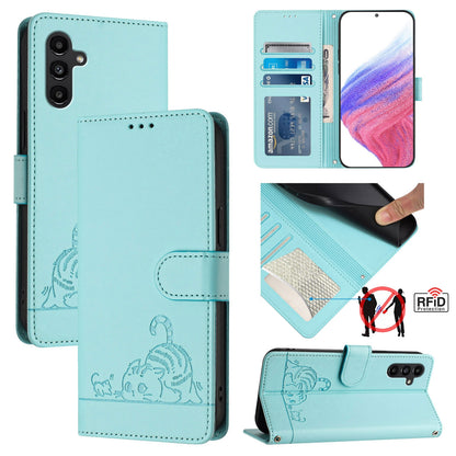 Samsung Galaxy A13 5G Cat & Rat Embossed RFID Leather Case, Lanyard, Wallet, Card Slots, Kickstand, Anti-Fall, Scratch-Resistant