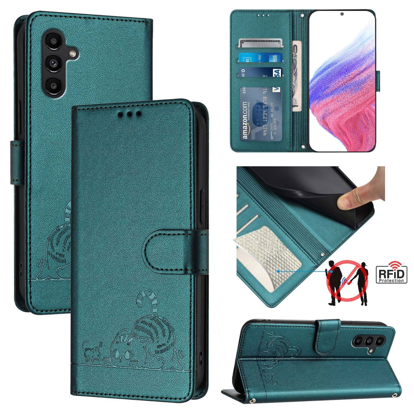 Samsung Galaxy A13 4G Cat & Rat Embossed RFID Leather Case, Lanyard, Wallet, Card Slots, Kickstand, Anti-Fall, Scratch-Resistant