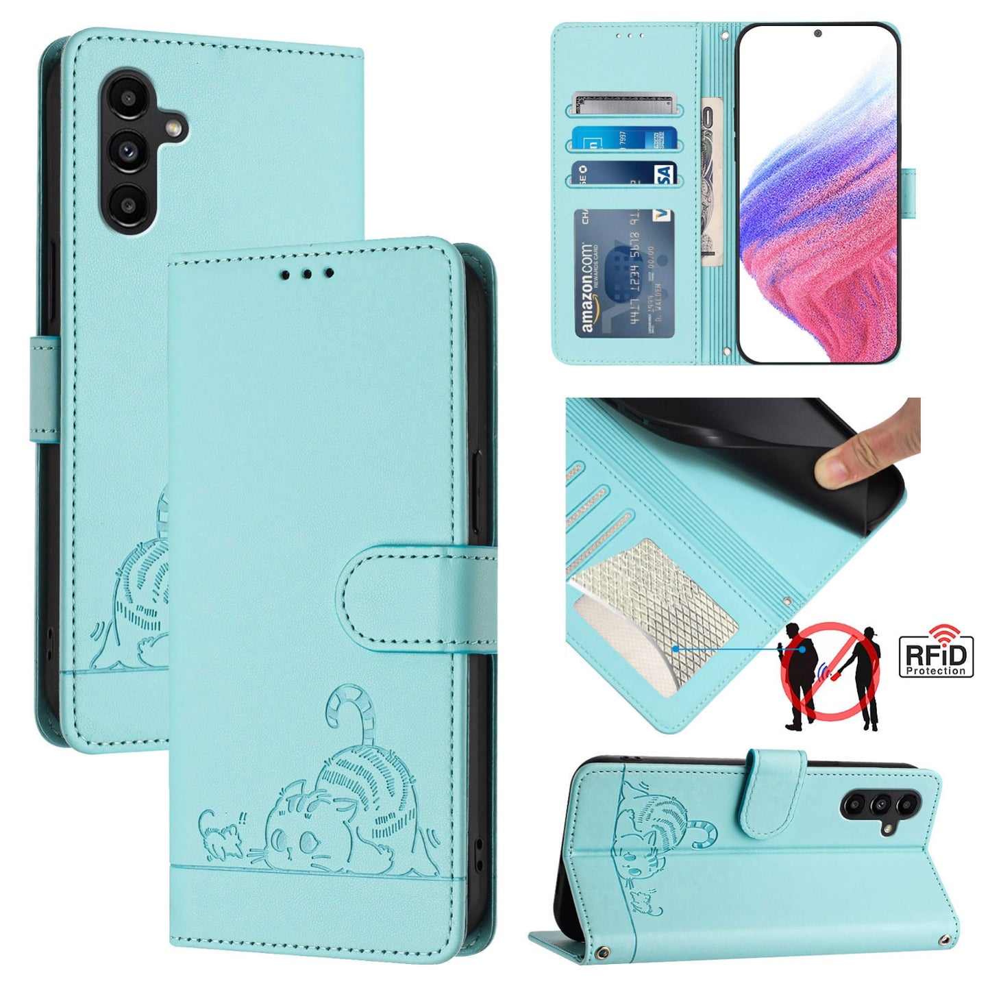 Samsung Galaxy M13 5G Cat & Rat Embossed RFID Leather Case, Lanyard, Wallet, Card Slots, Kickstand, Anti-Fall, Scratch-Resistant