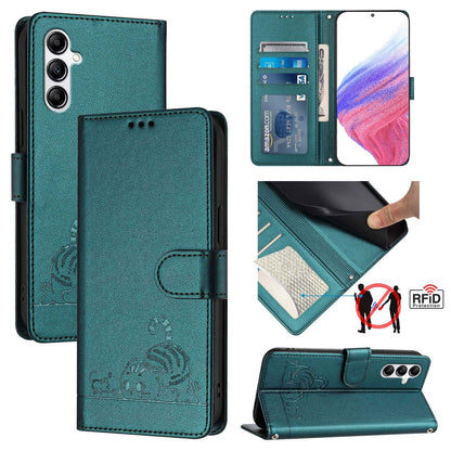 Samsung Galaxy A14 5G Cat & Rat Embossed RFID Leather Case, Lanyard, Wallet, Card Slots, Kickstand, Anti-Fall, Scratch-Resistant