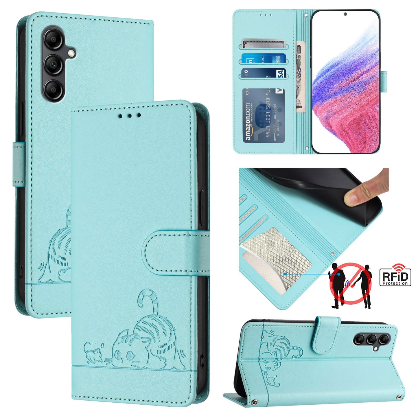Samsung Galaxy A15 5G Cat & Rat Embossed RFID Leather Case, Lanyard, Wallet, Card Slots, Kickstand, Anti-Fall, Scratch-Resistant