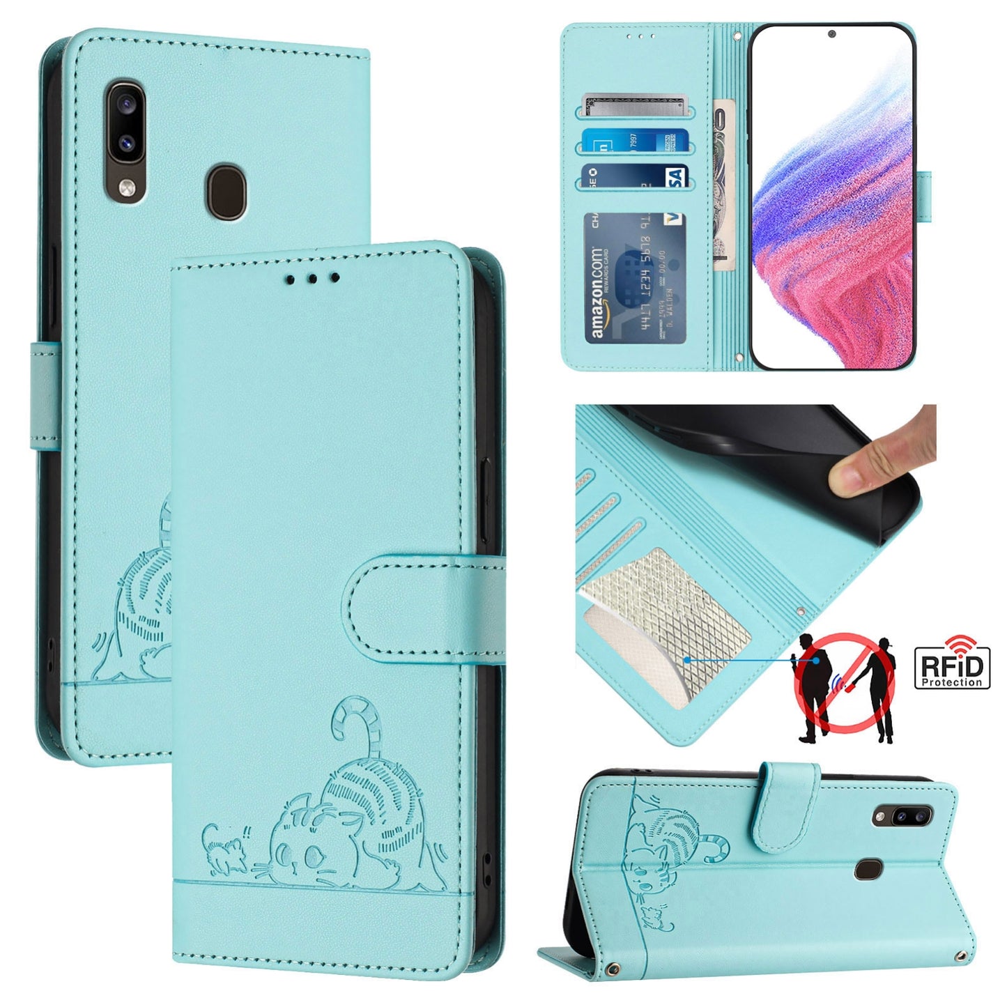 Samsung Galaxy A30 Cat & Rat Embossed RFID Leather Case, Lanyard, Wallet, Card Slots, Kickstand, Anti-Fall, Scratch-Resistant