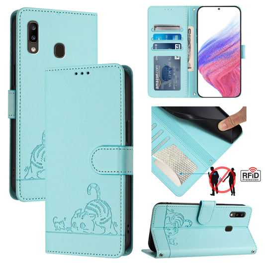 Samsung Galaxy A30 Cat & Rat Embossed RFID Leather Case, Lanyard, Wallet, Card Slots, Kickstand, Anti-Fall, Scratch-Resistant
