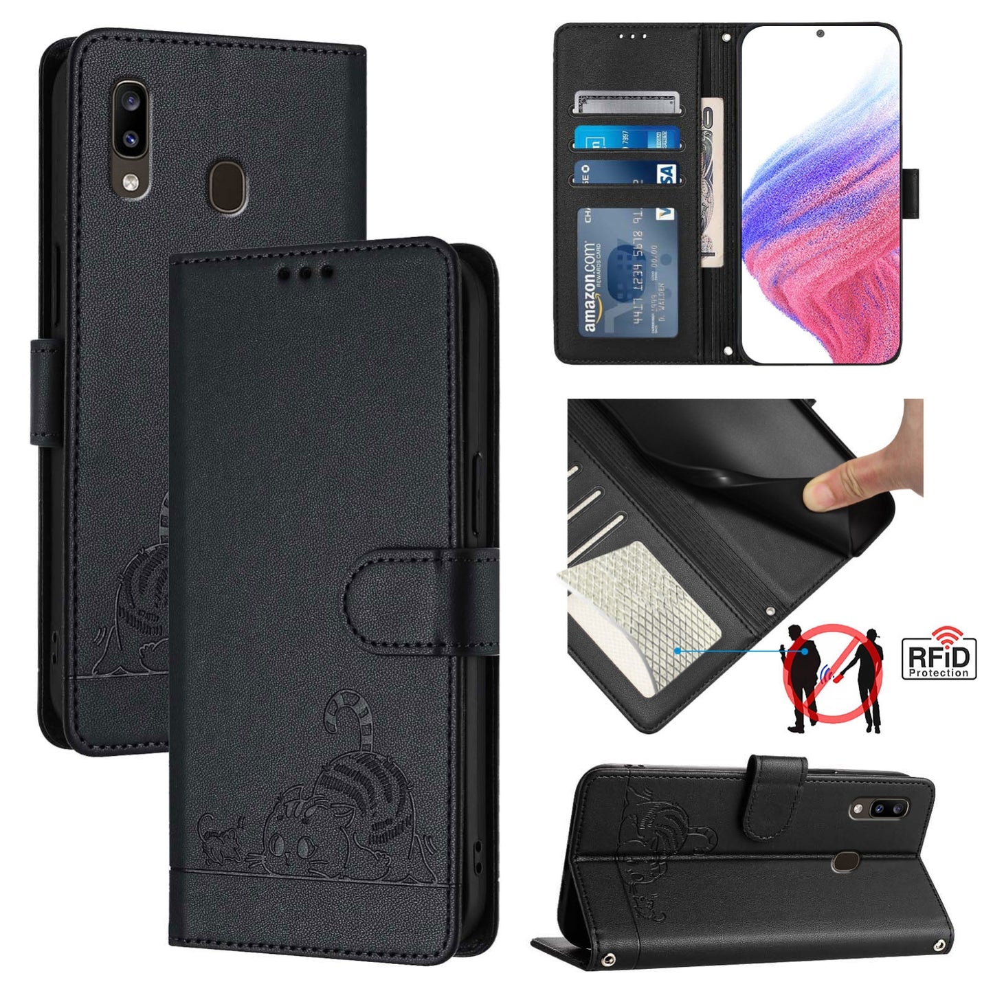 Samsung Galaxy A30 Cat & Rat Embossed RFID Leather Case, Lanyard, Wallet, Card Slots, Kickstand, Anti-Fall, Scratch-Resistant