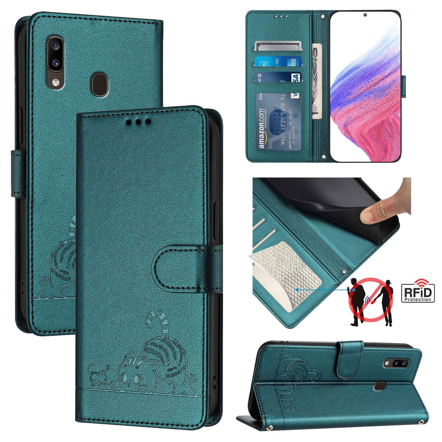 Samsung Galaxy A30 Cat & Rat Embossed RFID Leather Case, Lanyard, Wallet, Card Slots, Kickstand, Anti-Fall, Scratch-Resistant