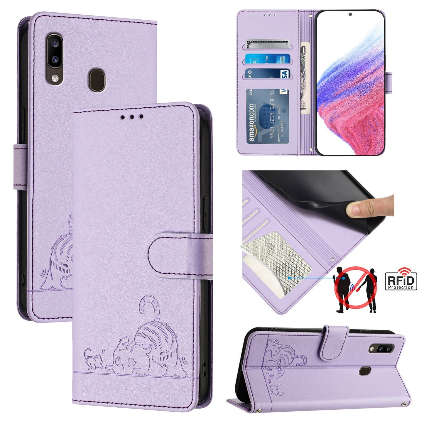 Samsung Galaxy A30 Cat & Rat Embossed RFID Leather Case, Lanyard, Wallet, Card Slots, Kickstand, Anti-Fall, Scratch-Resistant