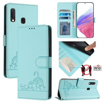 Samsung Galaxy A10e Cat & Rat Embossed RFID Leather Case, Lanyard, Wallet, Card Slots, Kickstand, Anti-Fall, Scratch-Resistant
