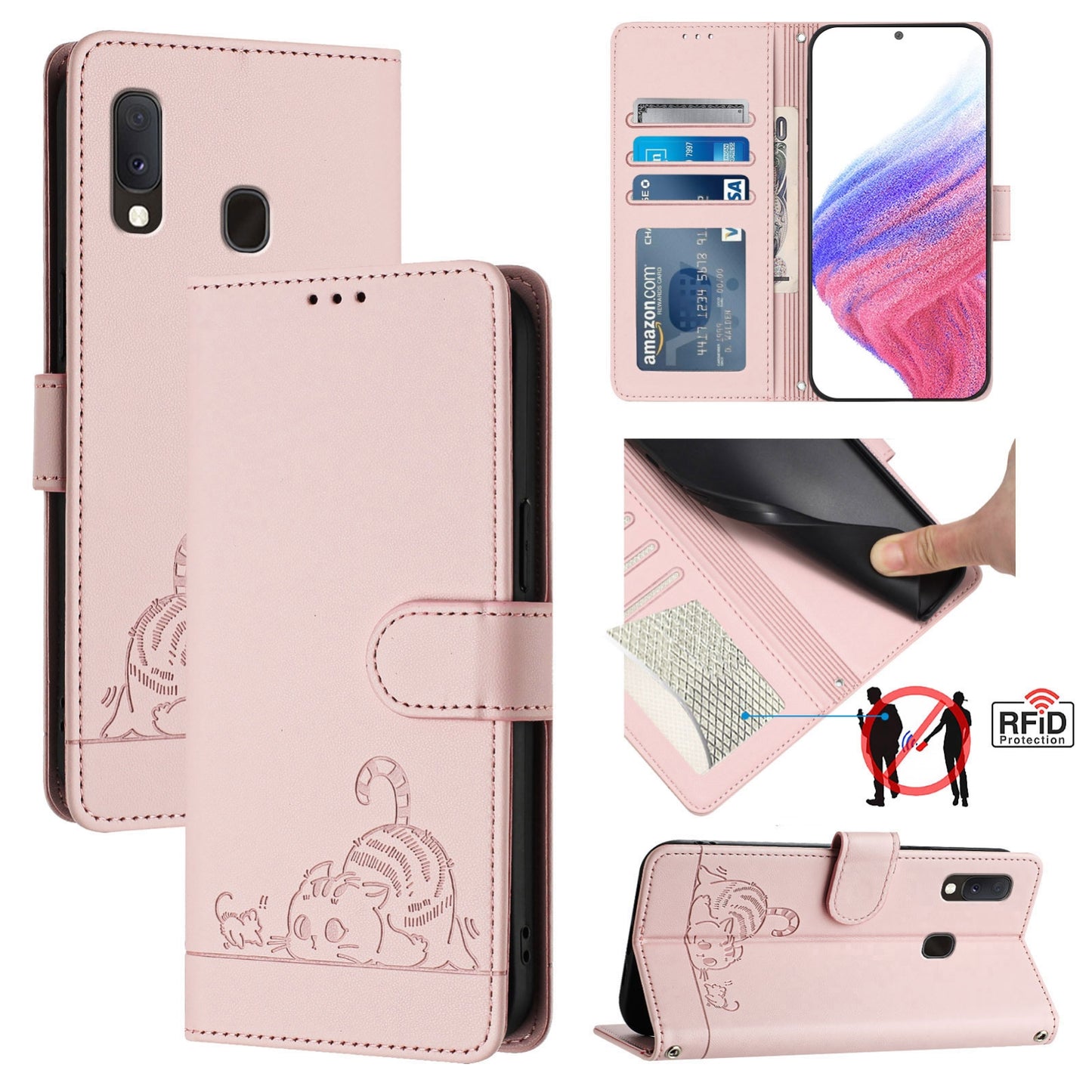 Samsung Galaxy A20e Cat & Rat Embossed RFID Leather Case, Lanyard, Wallet, Card Slots, Kickstand, Anti-Fall, Scratch-Resistant