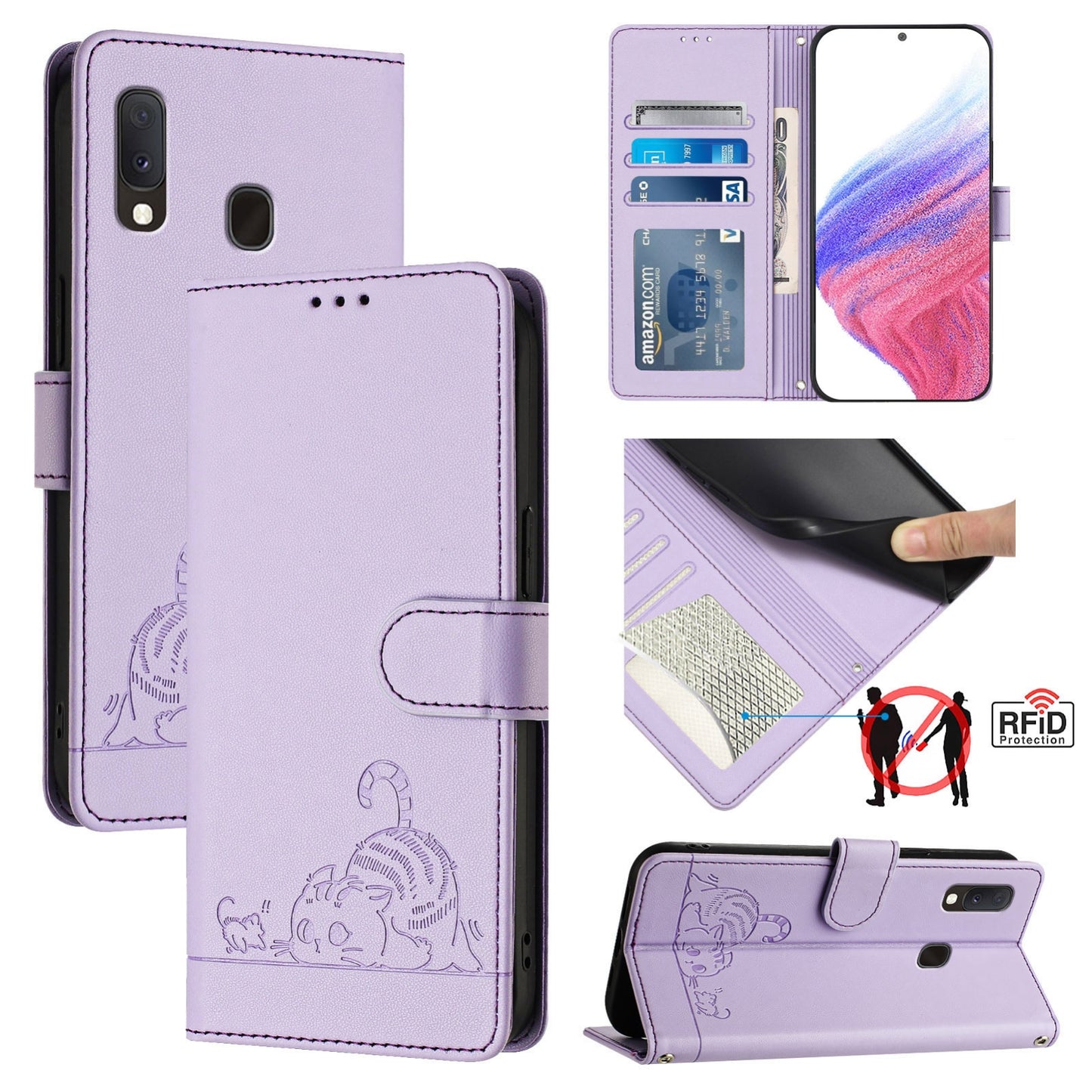 Samsung Galaxy A20e Cat & Rat Embossed RFID Leather Case, Lanyard, Wallet, Card Slots, Kickstand, Anti-Fall, Scratch-Resistant