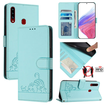 Samsung Galaxy A20s Cat & Rat Embossed RFID Leather Case, Lanyard, Wallet, Card Slots, Kickstand, Anti-Fall, Scratch-Resistant