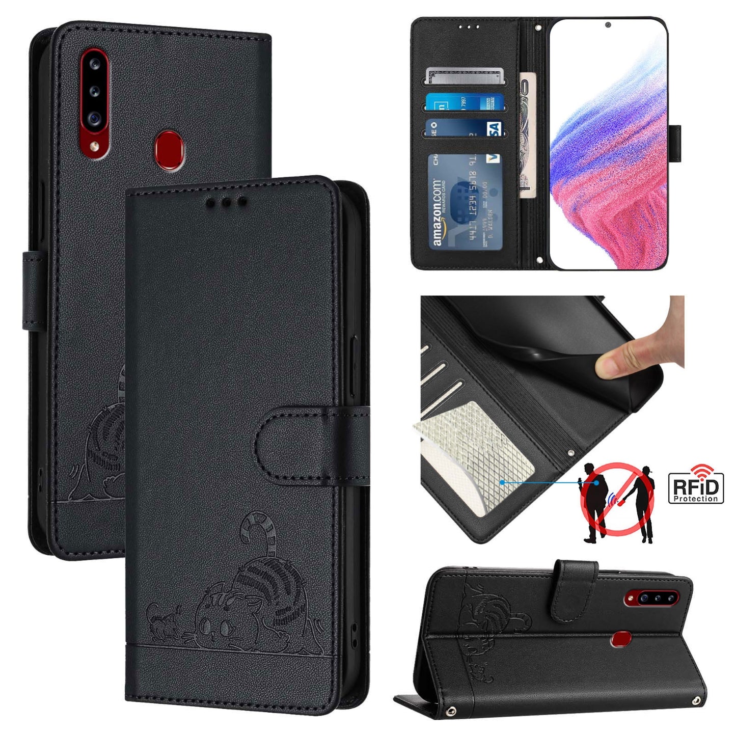 Samsung Galaxy A20s Cat & Rat Embossed RFID Leather Case, Lanyard, Wallet, Card Slots, Kickstand, Anti-Fall, Scratch-Resistant