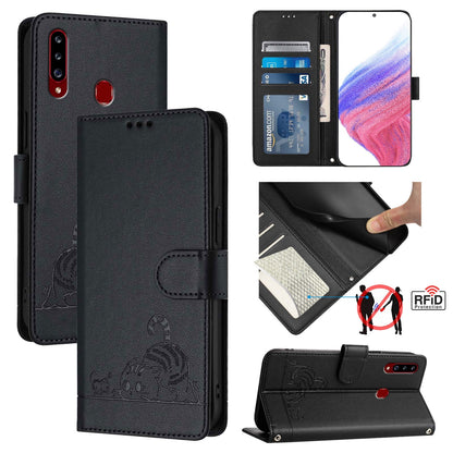 Samsung Galaxy A20s Cat & Rat Embossed RFID Leather Case, Lanyard, Wallet, Card Slots, Kickstand, Anti-Fall, Scratch-Resistant
