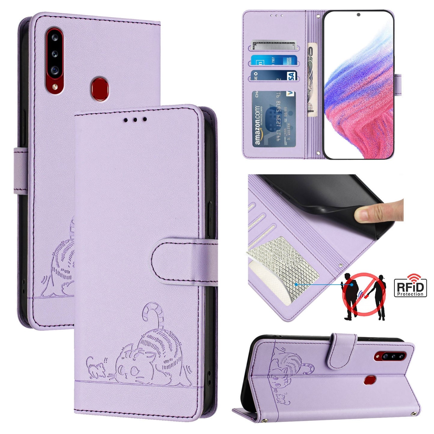 Samsung Galaxy A20s Cat & Rat Embossed RFID Leather Case, Lanyard, Wallet, Card Slots, Kickstand, Anti-Fall, Scratch-Resistant