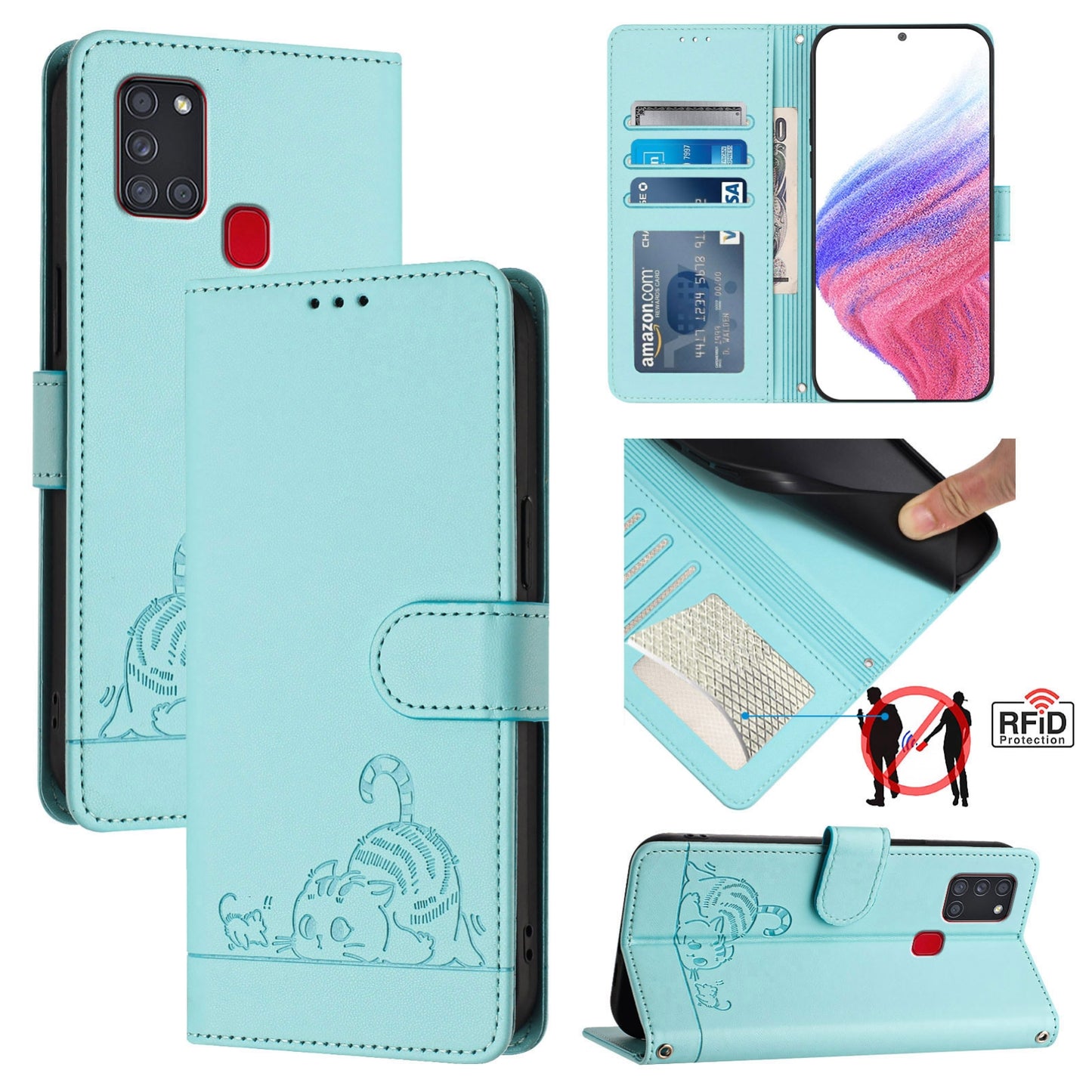 Samsung Galaxy A21s Cat & Rat Embossed RFID Leather Case, Lanyard, Wallet, Card Slots, Kickstand, Anti-Fall, Scratch-Resistant