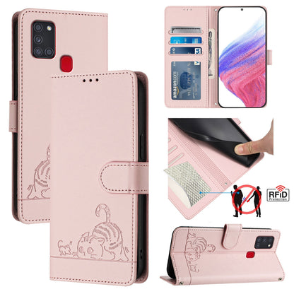Samsung Galaxy A21s Cat & Rat Embossed RFID Leather Case, Lanyard, Wallet, Card Slots, Kickstand, Anti-Fall, Scratch-Resistant