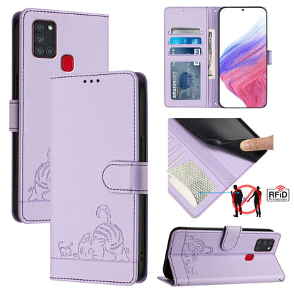 Samsung Galaxy A21s Cat & Rat Embossed RFID Leather Case, Lanyard, Wallet, Card Slots, Kickstand, Anti-Fall, Scratch-Resistant