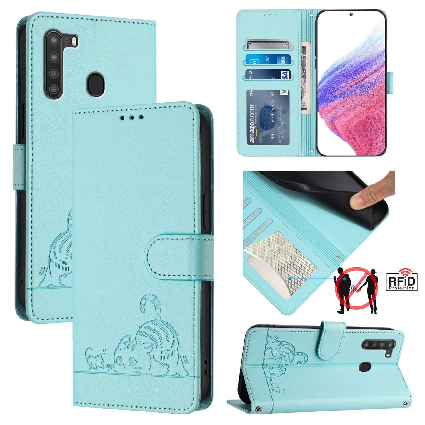 Samsung Galaxy A21 EU Version Cat & Rat Embossed RFID Leather Case, Lanyard, Wallet, Card Slots, Kickstand, Anti-Fall, Scratch-Resistant