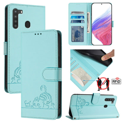 Samsung Galaxy A21 EU Version Cat & Rat Embossed RFID Leather Case, Lanyard, Wallet, Card Slots, Kickstand, Anti-Fall, Scratch-Resistant