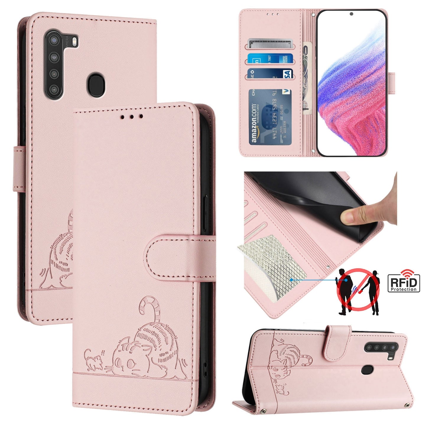 Samsung Galaxy A21 EU Version Cat & Rat Embossed RFID Leather Case, Lanyard, Wallet, Card Slots, Kickstand, Anti-Fall, Scratch-Resistant