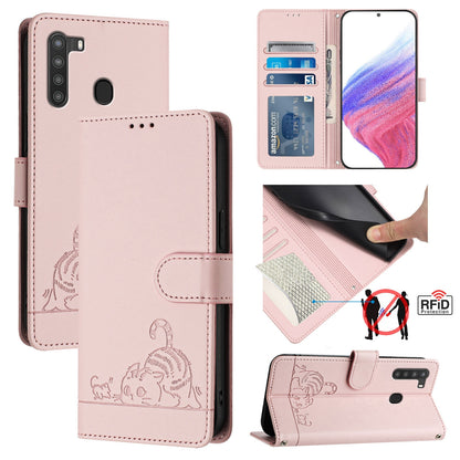 Samsung Galaxy A21 EU Version Cat & Rat Embossed RFID Leather Case, Lanyard, Wallet, Card Slots, Kickstand, Anti-Fall, Scratch-Resistant