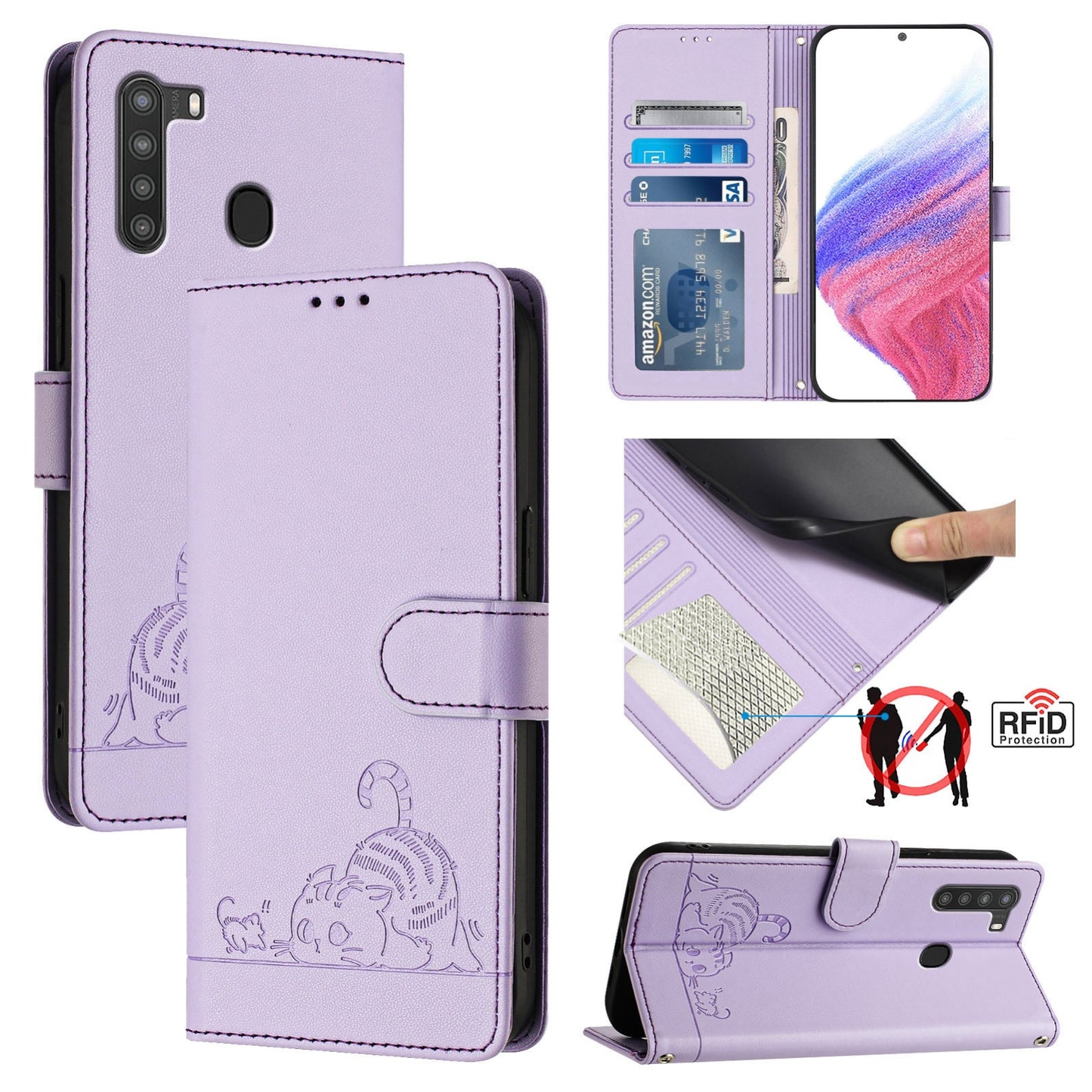 Samsung Galaxy A21 EU Version Cat & Rat Embossed RFID Leather Case, Lanyard, Wallet, Card Slots, Kickstand, Anti-Fall, Scratch-Resistant