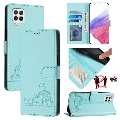 Samsung Galaxy A22 4G Cat & Rat Embossed RFID Leather Case, Lanyard, Wallet, Card Slots, Kickstand, Anti-Fall, Scratch-Resistant