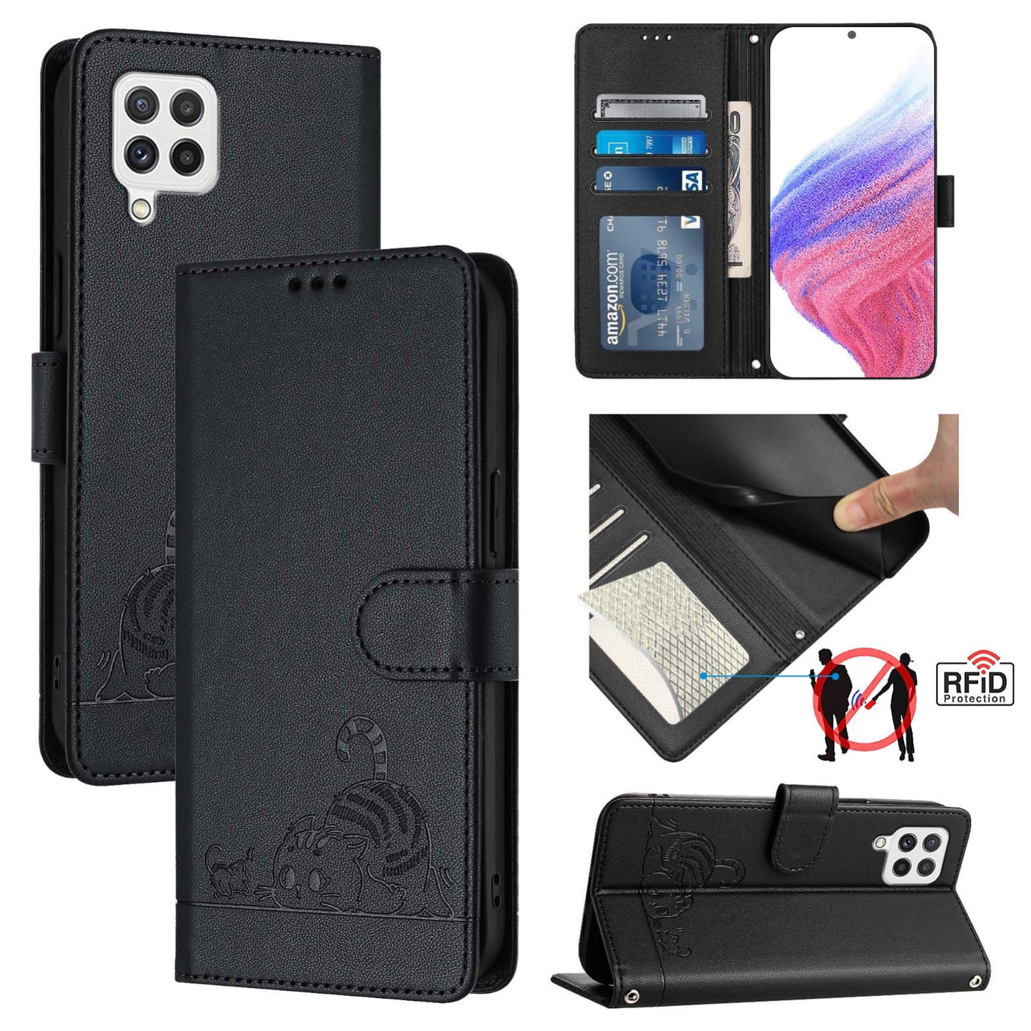 Samsung Galaxy A22 4G Cat & Rat Embossed RFID Leather Case, Lanyard, Wallet, Card Slots, Kickstand, Anti-Fall, Scratch-Resistant