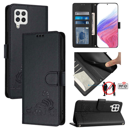 Samsung Galaxy A22 4G Cat & Rat Embossed RFID Leather Case, Lanyard, Wallet, Card Slots, Kickstand, Anti-Fall, Scratch-Resistant