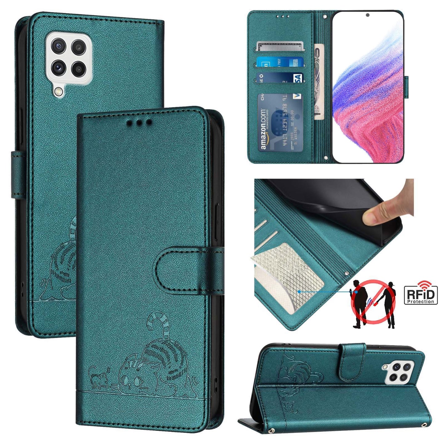 Samsung Galaxy A22 4G Cat & Rat Embossed RFID Leather Case, Lanyard, Wallet, Card Slots, Kickstand, Anti-Fall, Scratch-Resistant