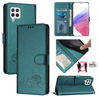 Samsung Galaxy A22 4G Cat & Rat Embossed RFID Leather Case, Lanyard, Wallet, Card Slots, Kickstand, Anti-Fall, Scratch-Resistant