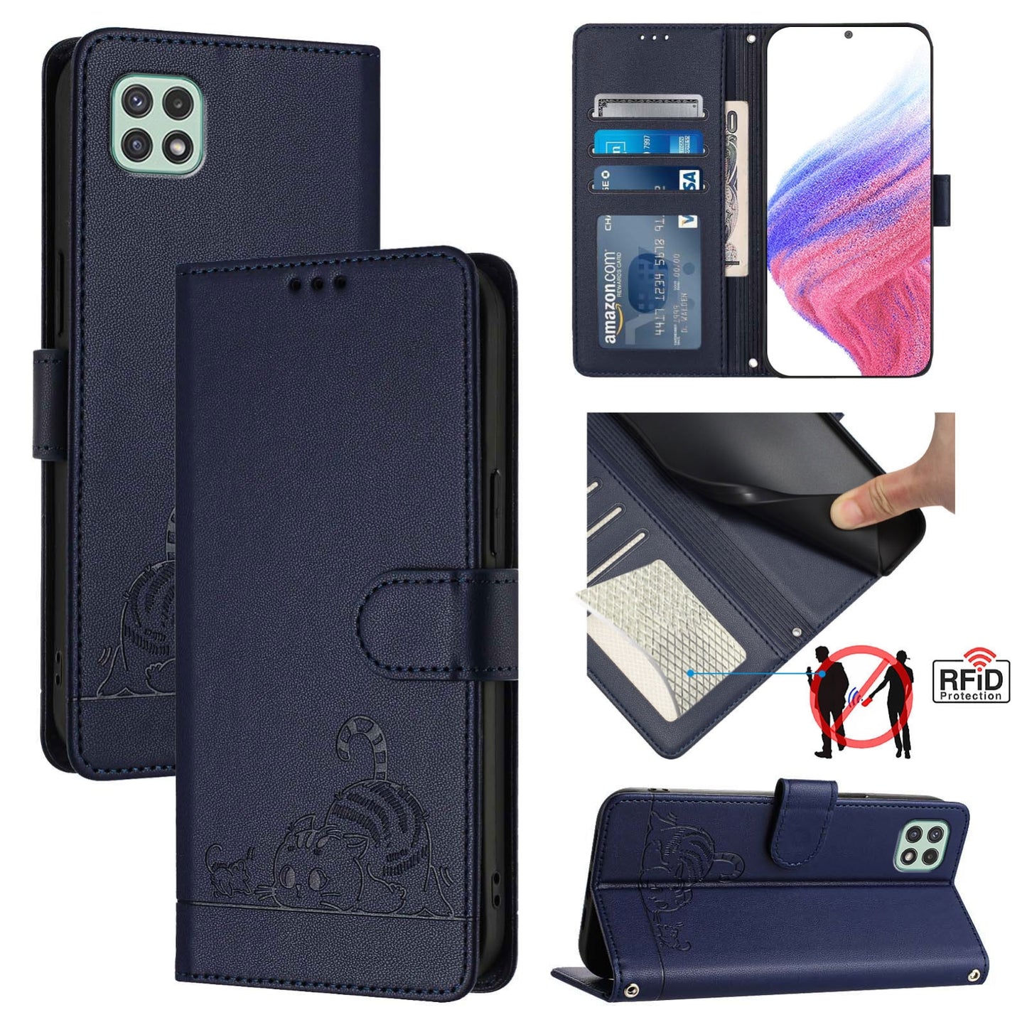 Samsung Galaxy F42 5G Cat & Rat Embossed RFID Leather Case, Lanyard, Wallet, Card Slots, Kickstand, Anti-Fall, Scratch-Resistant